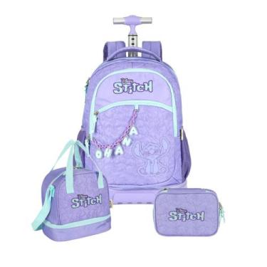 Imagem de Kit Mochila Stitch Rodinhas Lancheira E Estojo Box Escolar, Roxo