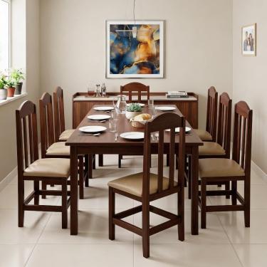 Imagem de Conjunto 8 Cadeiras Em Madeira Maciça Escura Com Estofado Bege Repleta