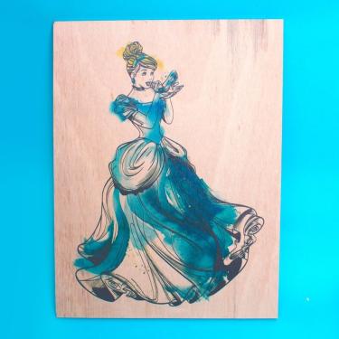 Imagem de Quadro Decorativo Cinderela Princesa Disney Aquarela Infantil Quadrado 19x19CM em Madeira Compensado Naval