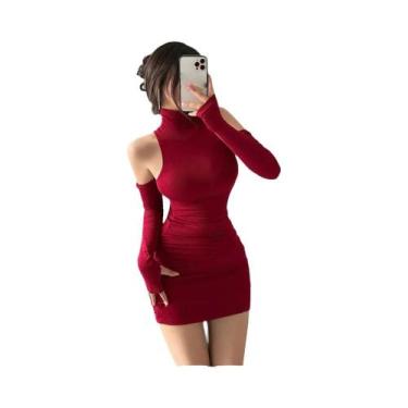 Imagem de Vestido Mini Preto Feminino Com Gola Alta, Mangas Compridas, Plissado,