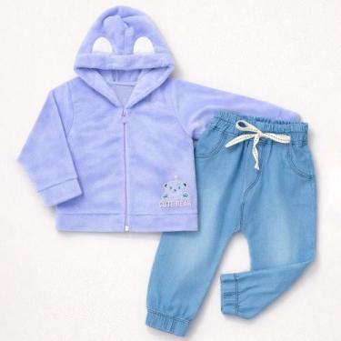Imagem de Conjunto Blusa Fleece Aveludado e Calça Jeans para Bebê Menina Cor:lil