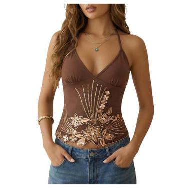 Imagem de Camisola floral brilhante de lantejoulas Top BEAUDRM Halter Y2k Sparkl