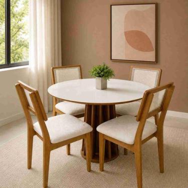 Imagem de Conjunto Mesa de Jantar Redonda com 4 cadeiras Estofadas e Encosto Pal