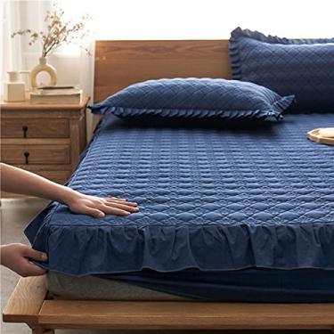 Imagem de Jogo de cama de 3 peças, 100% algodão super macio, lençol com elástico com bolsos profundos, lençol de cima com 2 fronhas, não amassa, resistente a manchas, lavável, azul escuro, 200 x 220 cm