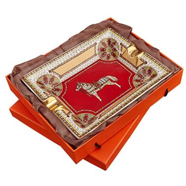 Imagem de Cinzeiro de charuto com 2 slots de ouro para homens, quadrado de luxo interno e externo Cinzeiro segurando charuto em casa artesanato docoração,Red
