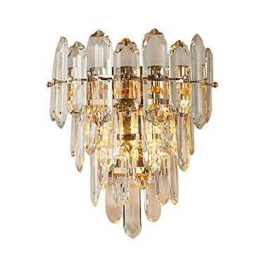 Imagem de Arandela de parede de cristal moderna dourada de metal moderno de meados do século luminária de parede de cristal E14, luminárias de decoração de cabeceira para espelho, quarto, banheiro, sala de jantar (B)