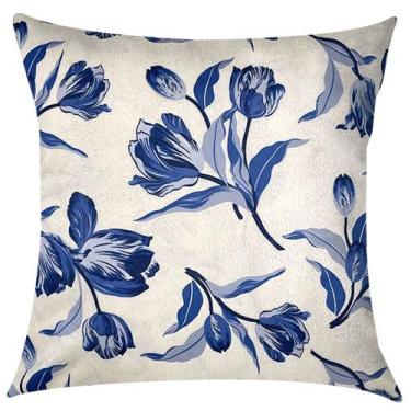 Imagem de Capa De Almofada Floral Azul Sued Premium 45X45cm - Sua Casa Decor