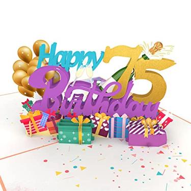 Imagem de Liif Cartão Pop Up Happy 75th Birthday 3D, 75 Birthday Card For Women, Men, Mom, Dad - Balloon, Champagne, Divertido, 75 Golden Glitter, Celebration - Com mensagem de nota e envelope