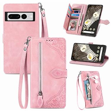 Imagem de Capas de telefone com compartimentos de cartão de luxo Google Pixel 7 7 Pro capa de couro cordão de negócios suporte com zíper carteira clipe de telefone capa para Google Pixel 7 7 Pro capas (rosa, Google Pixel 7 Pro)