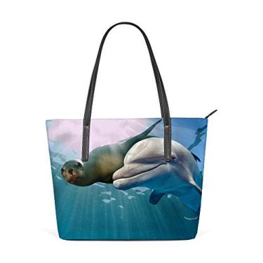 Imagem de Bolsa de ombro feminina sacola de couro, bolsa grande para compras, trabalho, golfinho, mar, leão, decoração, bolsas casuais
