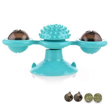 Imagem de Guardians Brinquedo de gato moinho de vento com bola de erva de gato e sino pequeno, giratório giratório giratório para gatos moinho de vento com ventosa (azul)