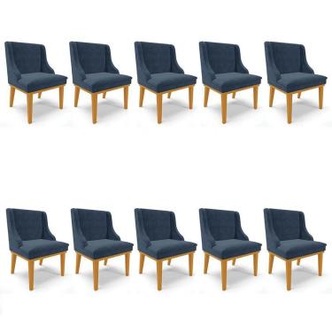 Imagem de Kit 10 Cadeiras Estofadas Para Sala De Jantar Castanho Lia Suede Azul Marinho - Ibiza