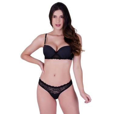 Imagem de Conjunto fio sensual com bojo e arco em poliamida lisa e renda preto