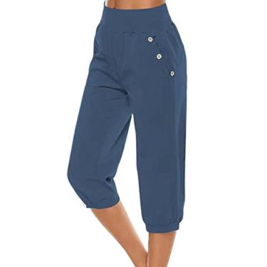 Imagem de Calças cabides calças capri para mulheres casual verão cordão elástico cintura alta linho calça reta cropped Scrub, Azul, G