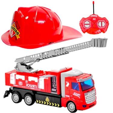 Imagem de Kit Caminhão de Controle Remoto Bombeiros Carrinho com Chapéu Infantil para Presente Crianças