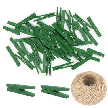 Imagem de 200 peças mini clipes de madeira natural de 25 mm prendedor de roupa DIY festa de casamento clipes de clipe de madeira pinos com fio de juta de 98 pés (verde)