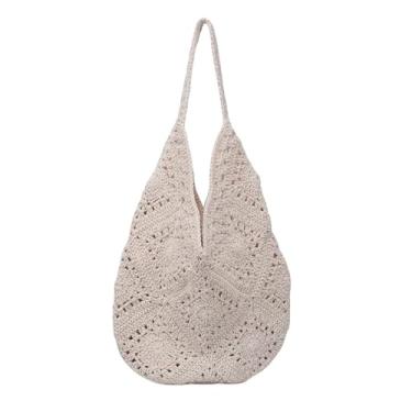 Imagem de NIBD Bolsa de ombro de palha grande e macia feita à mão, retrô, boho, bolsa de verão, praia, bolsa de mão de vime, Branco, 9.4"(24cm) x10"(26cm)