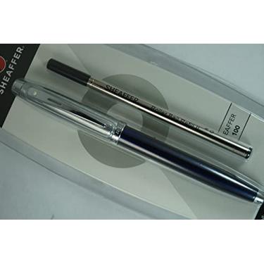 Imagem de Sheaffer 100 azul metálico perolado com nomeações de níquel, banda média e ponto de excelência, caneta esferográfica de ponta média. Muito sólida e responsiva