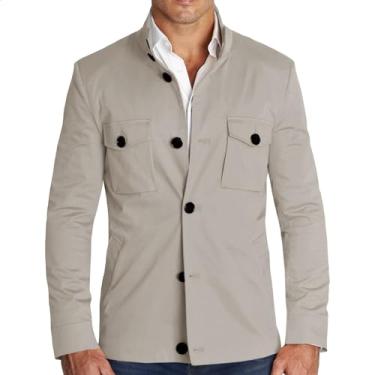 Imagem de Runcati Jaqueta masculina leve, casual, gola alta, abotoada, quebra-vento, casaco com bolso, Cinza claro, G