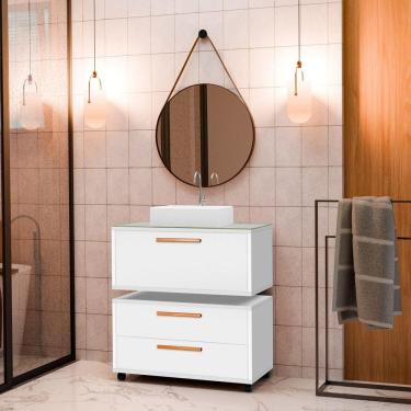 Imagem de Conjunto Gabinete para Banheiro com Rodízio, Cuba e Espelho Kyoto 80 com Tampo de Vidro Branco