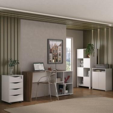 Imagem de Kit 4 Peças com Escrivaninha Moderna, Gaveteiro Bit, Armário com Nichos e Balcão Multiuso 2 Portas Ipê/Branco