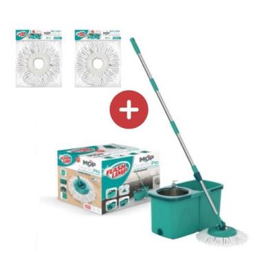 Imagem de Kit 1 Mop Pro Flash Limp Esfregão Spin Balde Inox MOP7824 + 2 Refil Ex
