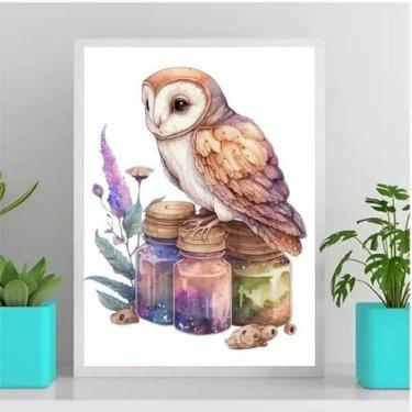 Imagem de Quadro Coruja Mágica Aquarela 24x18cm - Moldura Branca - Quadros On-Li