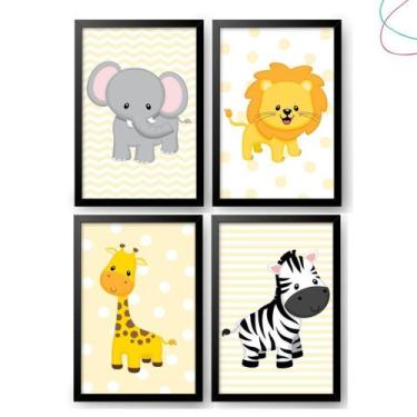 Imagem de Kit 4 Quadros Decorativos Infantil Safari Baby Amarelo - Creative Cat,