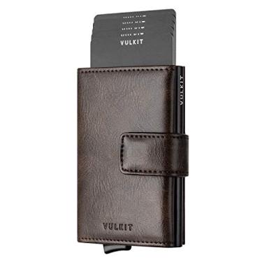 Imagem de VULKIT Carteira masculina com RFID para homens, fina e compacta, carteira de couro com bloqueio de RFID, carteira pop-up de segurança de metal fino com três dobras, embalagem de caixa de presente