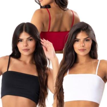Imagem de Kit 3 Top De Academia Feminino Cropped Fitness Sem Bojo Faixa Alcinha 