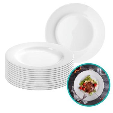 Imagem de Kit 12 Pratos Redondo Fundo Opaline Branco Jantar Restaurante Gourmet 