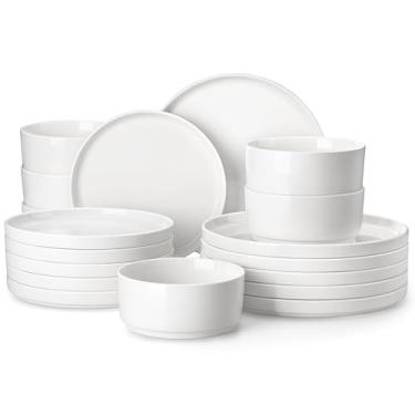 Imagem de MALACASA Conjunto de louça de porcelana com 18 peças, conjunto de pratos brancos modernos para 6, conjuntos de pratos e tigelas premium, conjuntos de louça resistentes a lascas e arranhões, conjunto