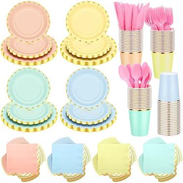 Imagem de 336 Pçs Pratos e Guardanapos Pastel Artigos de Festa Conjunto de Louça Descartável Arco-íris Pratos Recortado Copos Guardanapos com Garfos de Plástico Facas Colheres Serve 48 Convidados para Aniversário Chá de Bebê Festa de Casamento