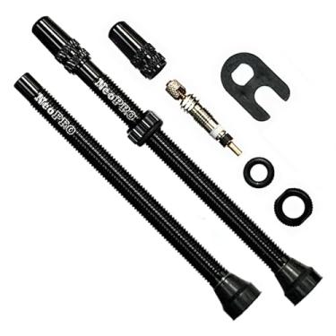 Imagem de NeoPRO Conjunto de haste de válvula Presta sem câmara de ar 40/60/65/80/100 mm com ferramenta de remoção de núcleo de valor e tampas de haste de válvula (par) serve na maioria dos aros sem câmara de ar de bicicleta (preto, 80 mm)