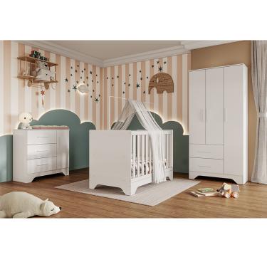 Imagem de Quarto de Bebê Completo Guarda Roupa Cômoda e Berço 3 em 1 100 MDF Popy Móveis Peroba - Branco Brilho