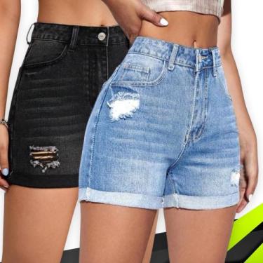 Imagem de Kit 2 SHORTS JEANS RASGADO Slim FEMININO Casual Elastano Cintura Alta 