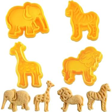 Imagem de Conjunto de 4 peças de cortadores de biscoito de animais amarelos | Cortadores de biscoito de animais zoológicos | Formas de cortadores de fondant | Perfeito para assar | Elefante, Girafa, Leão, Zebra