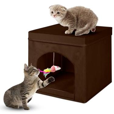 Imagem de ShellKingdom Casa Dobrável para Gatos, Cubo Dobrável para Gatos E Caverna para Gatos com Cama, Banco Colorido para Gatos, Condomínio para Presentes de Gatos Internos, 13 X 13 X 13 Polegadas (Marrom)