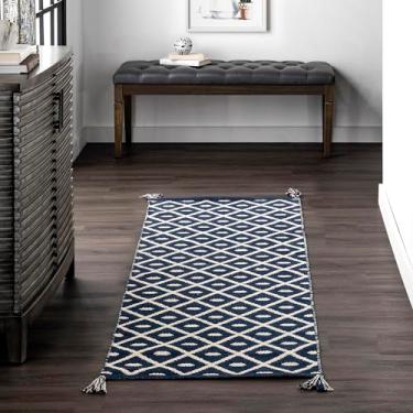 Imagem de nuLOOM Ingrid Treliça de tecido plano com borlas Tapete de corredor, 6 x 1,8 m, azul