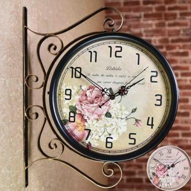 Imagem de Relógio de parede, vintage dupla face vintage industrial para decoração ao ar livre arte de parede decoração antiga escritório cozinha silenciosa rotação de 360 graus antigo