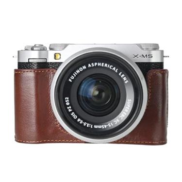 Imagem de Rieibi Meia capa de couro genuíno feita à mão para Fujifilm X-M5 sem espelho, capa protetora para câmera Fuji XM5