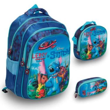 Imagem de Kit Mochila Infantil Costas Stitch 3D Lancheira Estojo - Plike