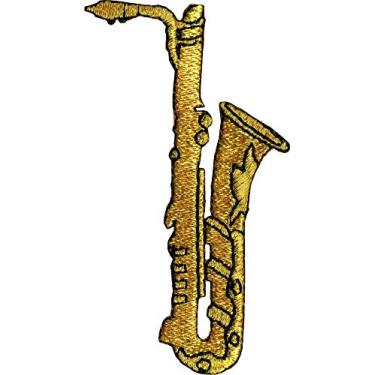 Imagem de Saxofone (instrumento musical) - Patch bordado a ferro ou costurado, amarelo/preto, 2" x 3.375" Patch