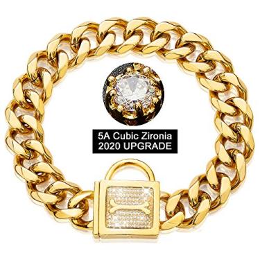 Imagem de PRADOG Coleira de corrente para cães com fivela de zircônia, 19 mm, colar de ouro cubano para filhotes, corrente de cachorro dourado para cães médios (19 mm, 45 cm)