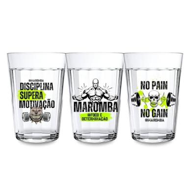 Imagem de Kit 3 Copos Americanos Vidro Estampa Maromba Presente Incentivo Fitness 190ml Academia Gym No Pain No Gain Transparente