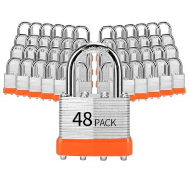 Imagem de Cadeados com chave semelhante à chave, pacote com 48 cadeados de aço laminado (1-9/16 polegadas, 40 mm), cadeados de manilha normal, cadeados com a mesma chave, para caixa de ferramentas, armário e