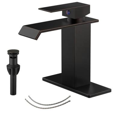 Imagem de Torneira de pia de banheiro com cascata lavatório de níquel escovado com um orifício para montagem em um balcão torneira de lavatório, Oil Rubbed Bronze 6004-1