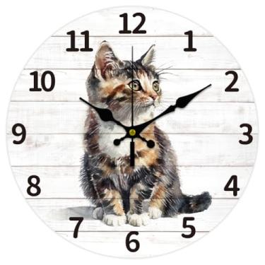 Imagem de CHGCRAFT Relógio de parede realista para gatos de 30,5 cm, funciona a pilhas, madeira emendada, tábuas de madeira, sem tique-taque, relógio de parede silencioso, relógio decorativo para sala de estar,