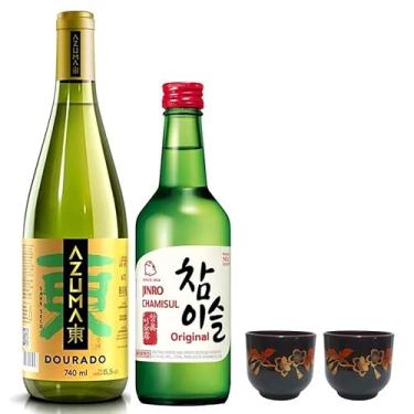 Imagem de Bebida Alcoólica Soju Coreano Original+ Sake Dourado Azuma Kirin + 02 copos Guinomi (Copo Flor Sakura)