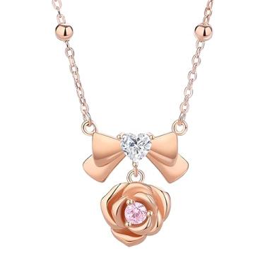 Imagem de DESTIN Colar com pingente de flor rosa banhado a ouro rosa em prata esterlina 925 zircônia cúbica colar de coração rosa aniversário joia presente para mulheres namorada, ♚, Zircônia cúbica